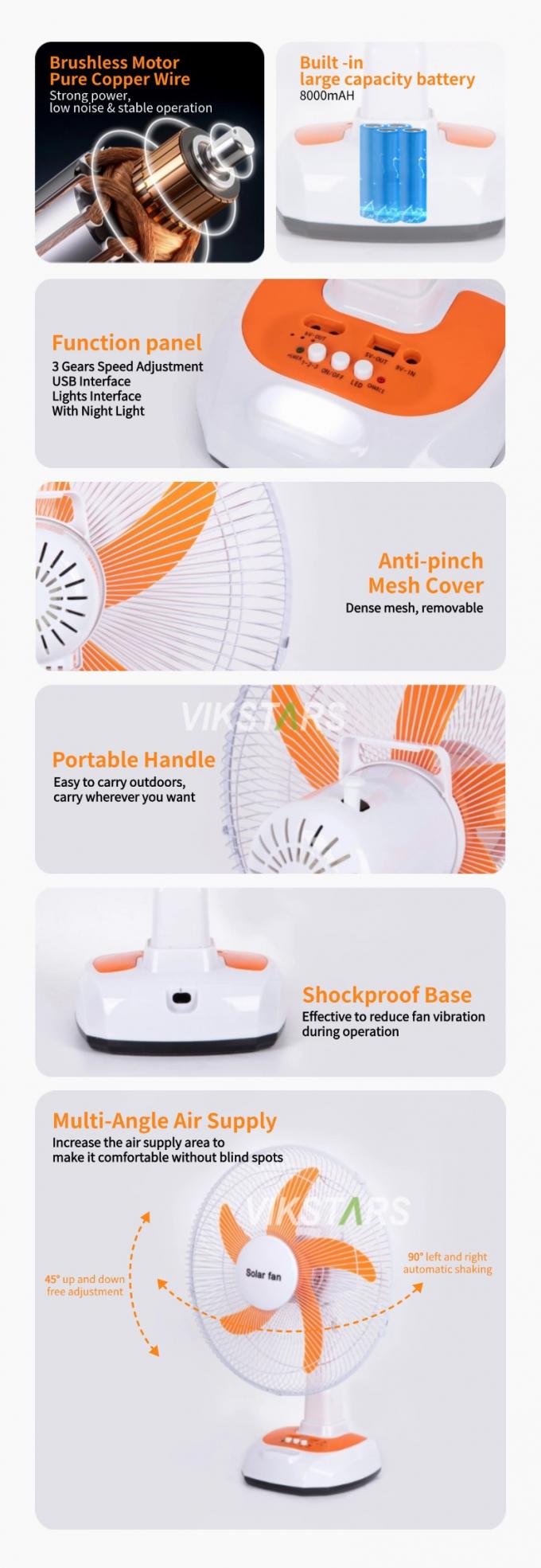 สําหรับแคมป์ฉุกเฉิน พัดลมโต๊ะพลังแสงอาทิตย์ 16 นิ้ว ประหยัดพลังงานด้วยหลอดไฟ 4